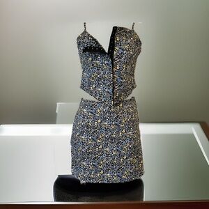 Woman Matching Set Blue Floral Skirt / Bustier Top VINTAGE EXPRESS Size 3/4